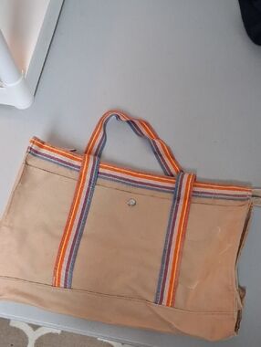 Canvas Monsac Tote Bag with Stripe Handles - Tan